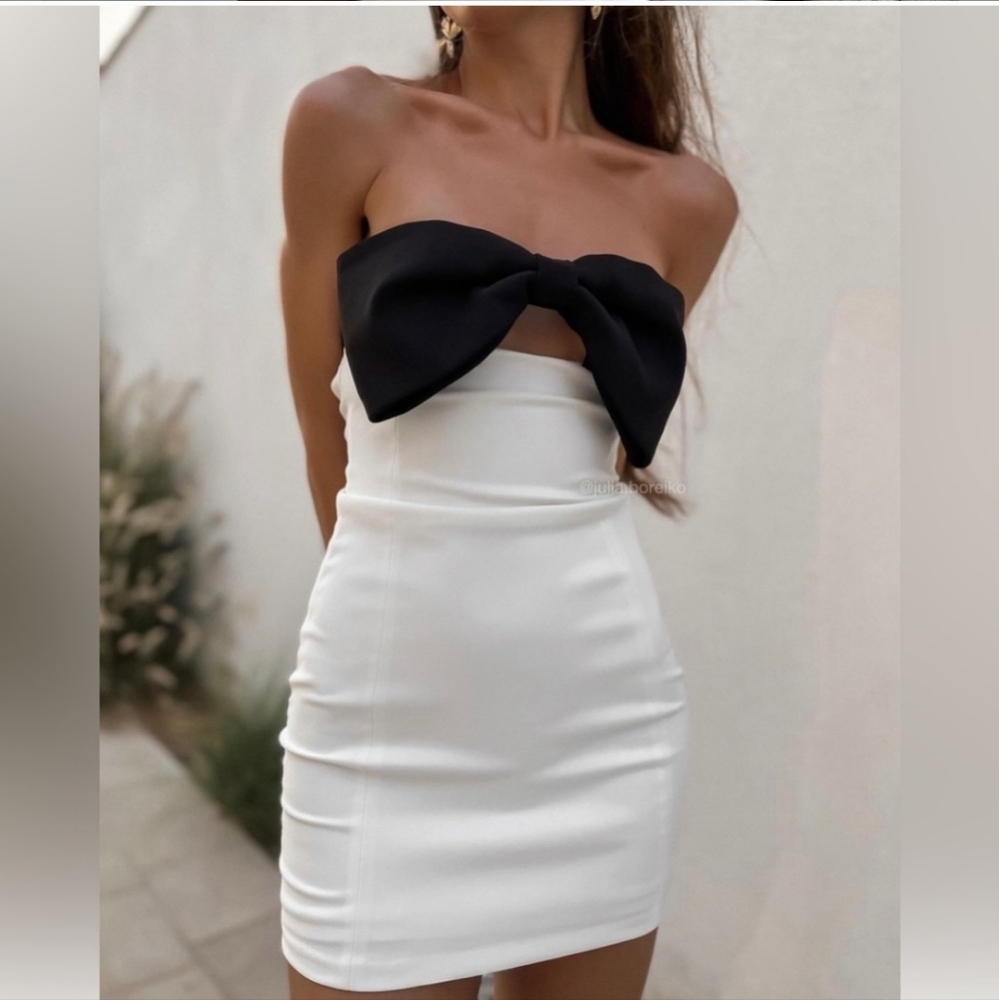 Zara Black White Bow Strapless Mini Dress Size XL